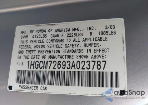 2003 Honda Accord 2.4 Ex из США, поврежденный, VIN 1HGCM72693A023787